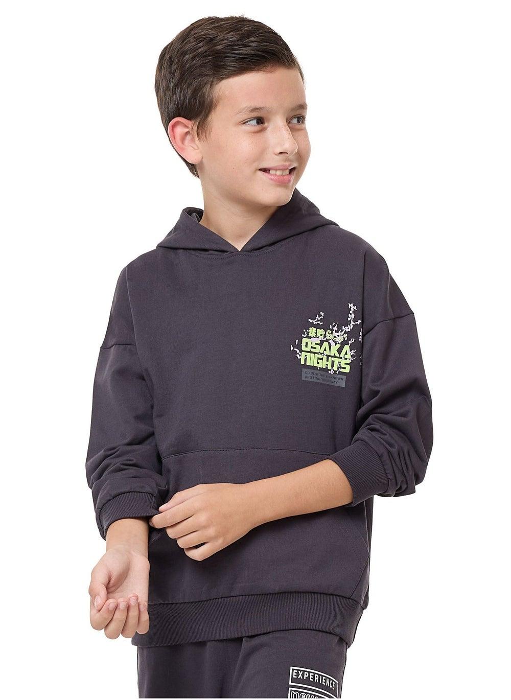 Dark Grey Boys Hoodie Relaxed Cotton Graphic Pullover - Image 1