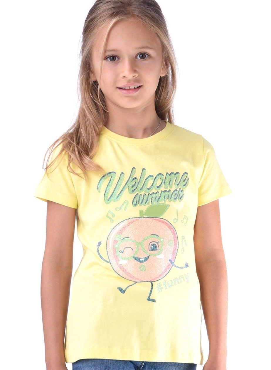 Victor & Jane Girls’ Yellow Cotton Graphic T-Shirt - Image 1