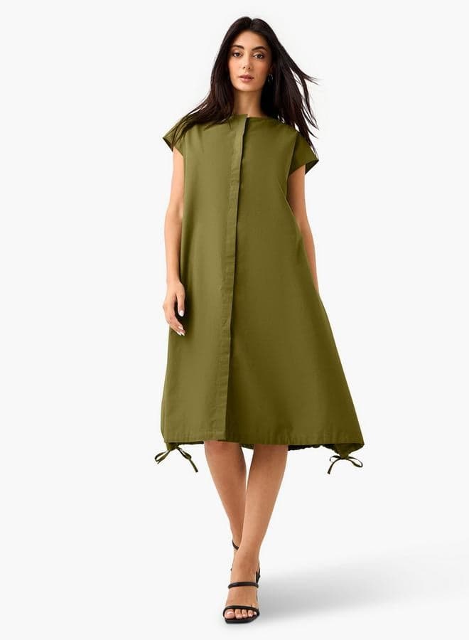 Iconic Green Midi Button-Down Shift Dress with Tie-Ups - Image 1