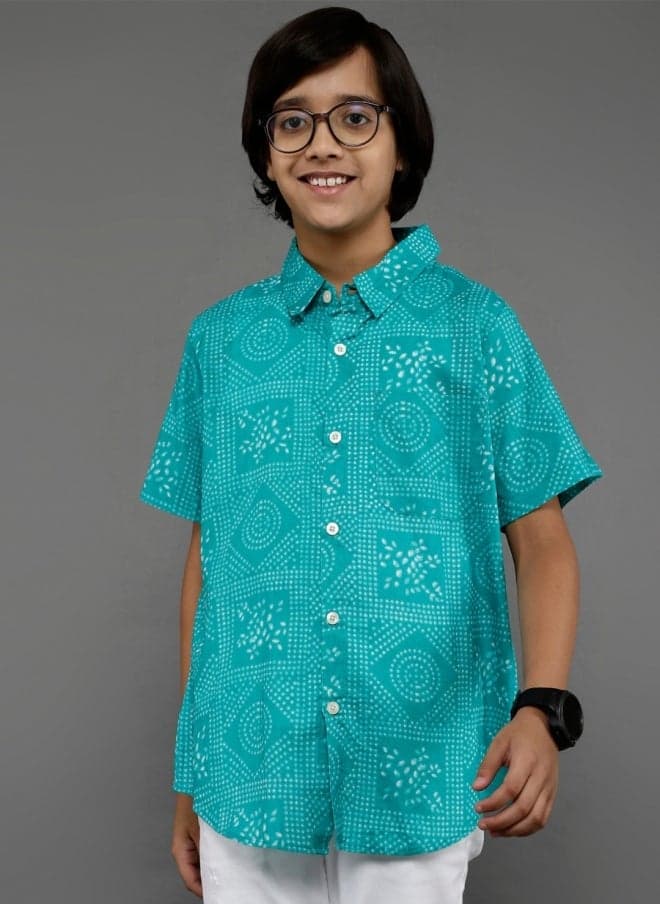 Turquoise Blue Typography Print Cotton Kids Shirt - Image 1