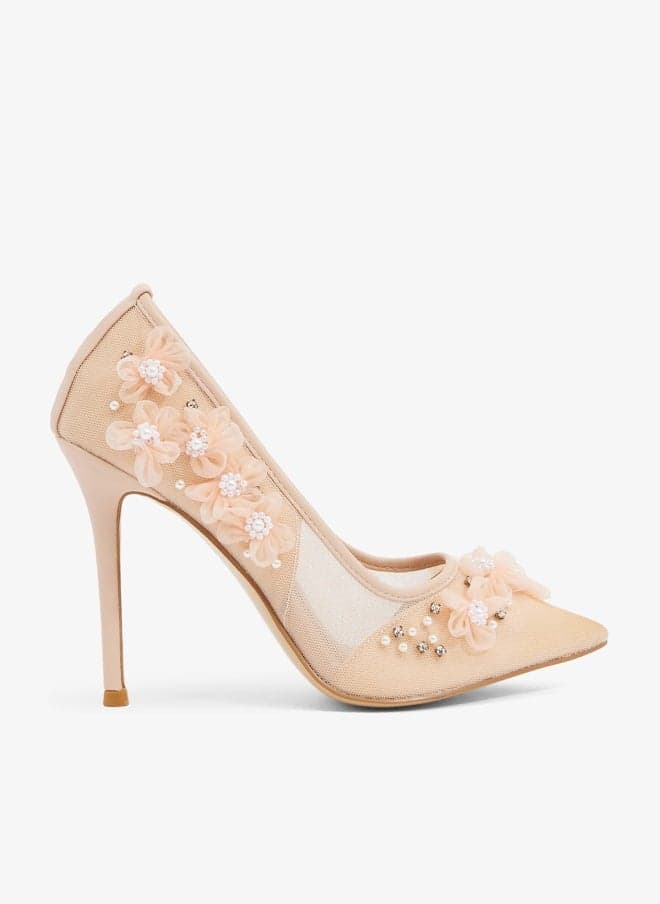 Mh13 Blush Mesh Floral Pearl Stiletto Pumps - Image 1