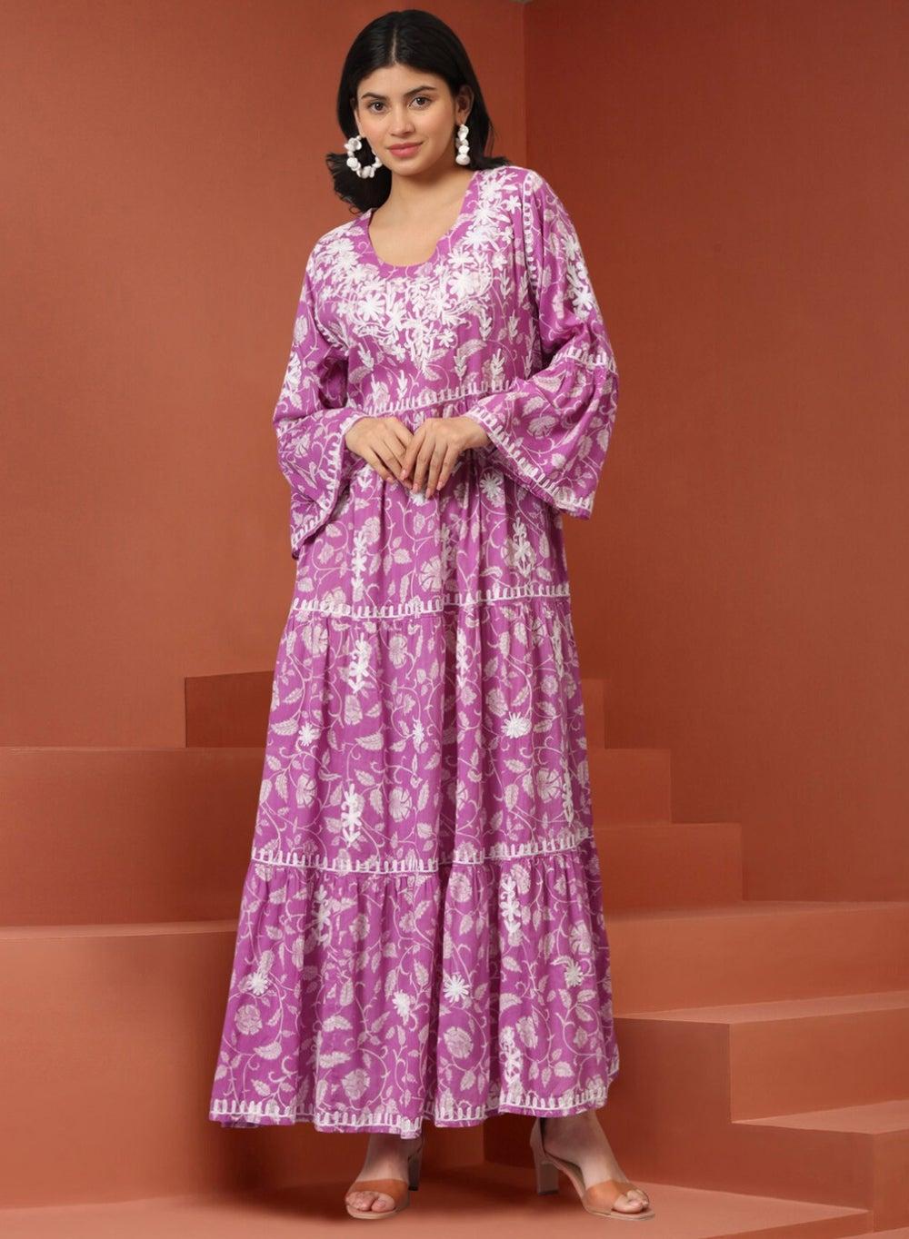 Mauve Chikankari Mulmul Cotton Jalabiya AL3673 - Image 1