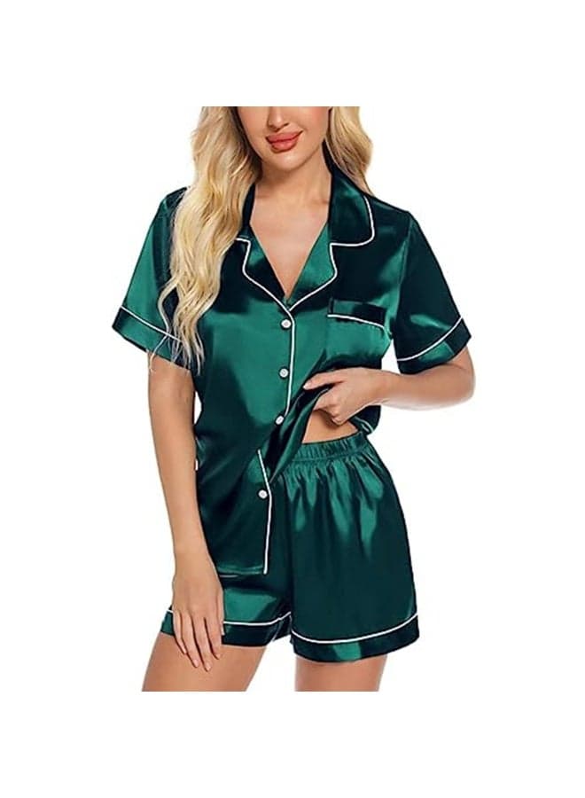 Luxury Satin Pajama Set Green Short Sleeve Shorts - Image 1