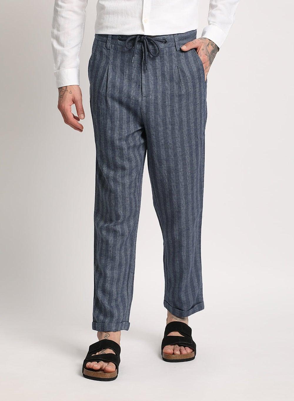 THE BEAR HOUSE Blue Striped Lyocell Straight Trousers - Image 1
