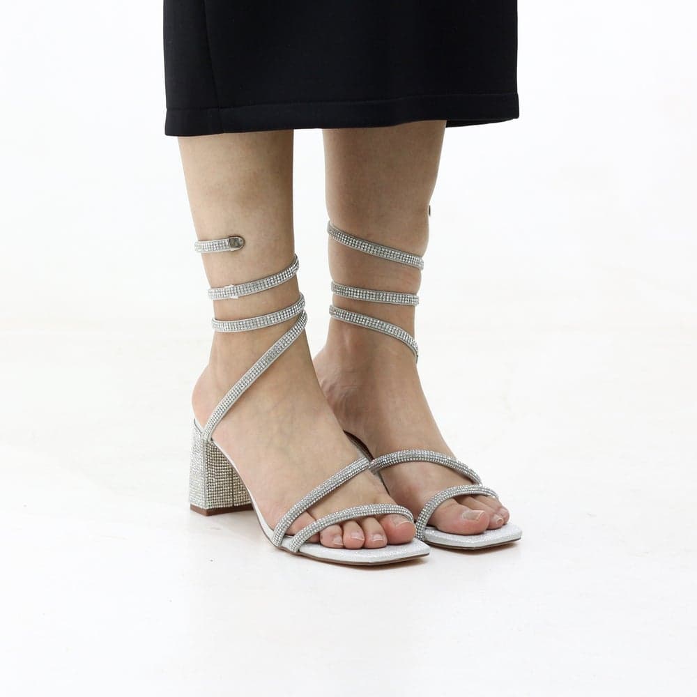Stachio 7.5CM Silver Spiral Wrap Block Heel Sandals - Image 1
