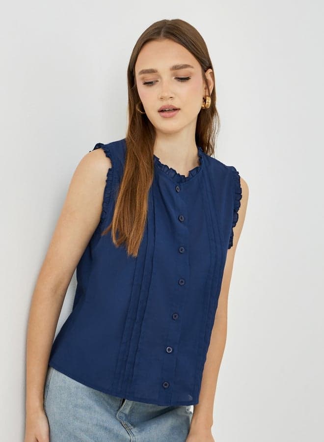 Take Two Solid Sleeveless Buttoned Shirt Blue - Image 1