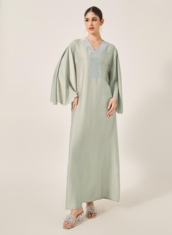 Styli Satin Angel Sleeve V-Neck Jalabiya 7012603613 - Image 1