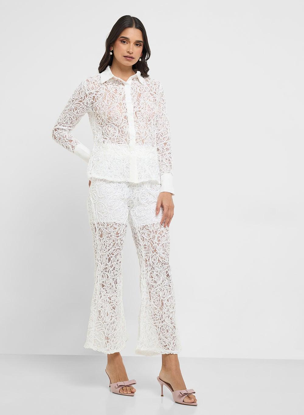 White Crochet Button Down Shirt & Pant Set 1215 4 - Image 1