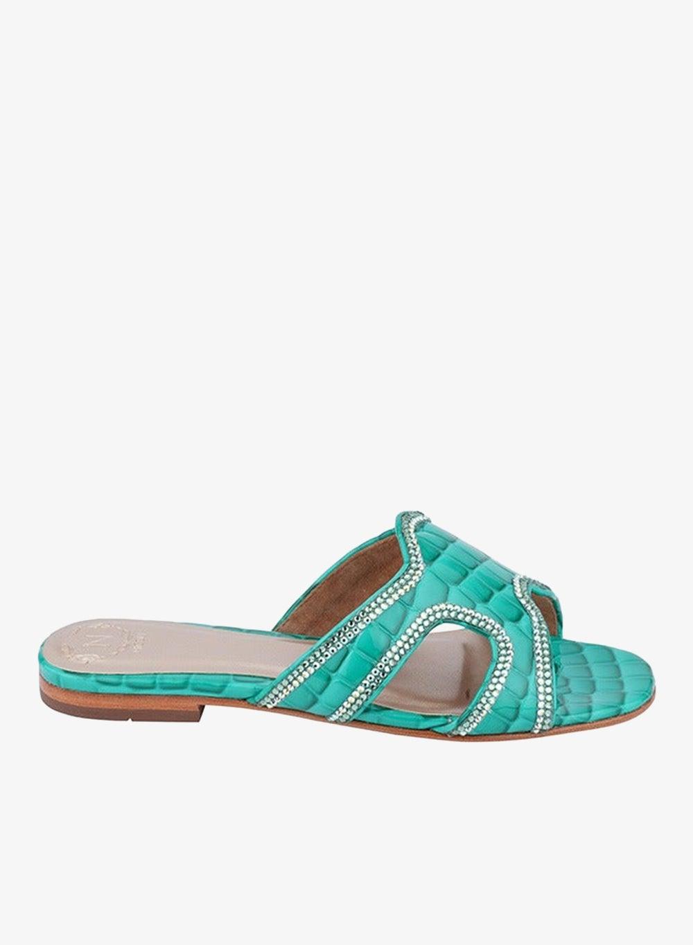 Josefina Green Leather Flat Sandals - Image 1