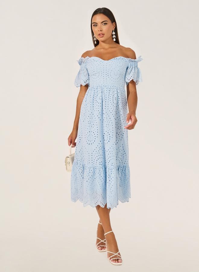 Light Blue Schiffli Off-Shoulder A-Line Midi Dress - Image 1