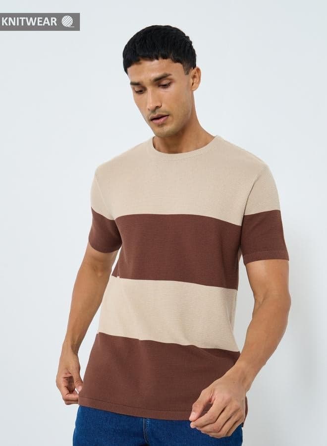 Styli Men’s Beige Striped Knitted Boxy Fit T-Shirt - Image 1