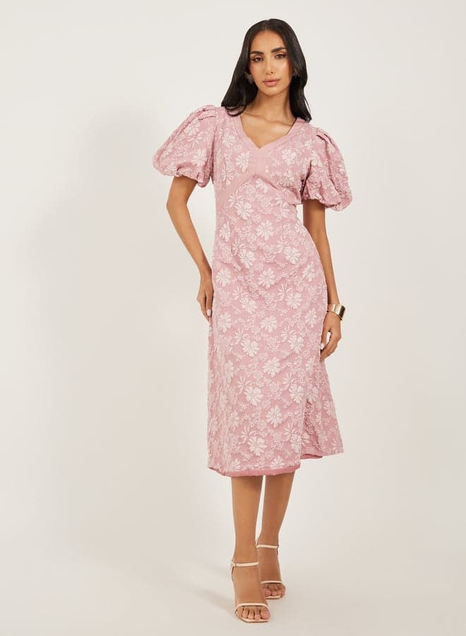 Dusty Pink Floral Puff Sleeve Midi Dress 7011918828 - Image 1