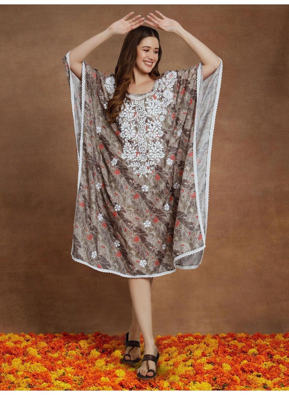 AL3647 Chikankari Floral Cotton Midi Kaftan - Image 1