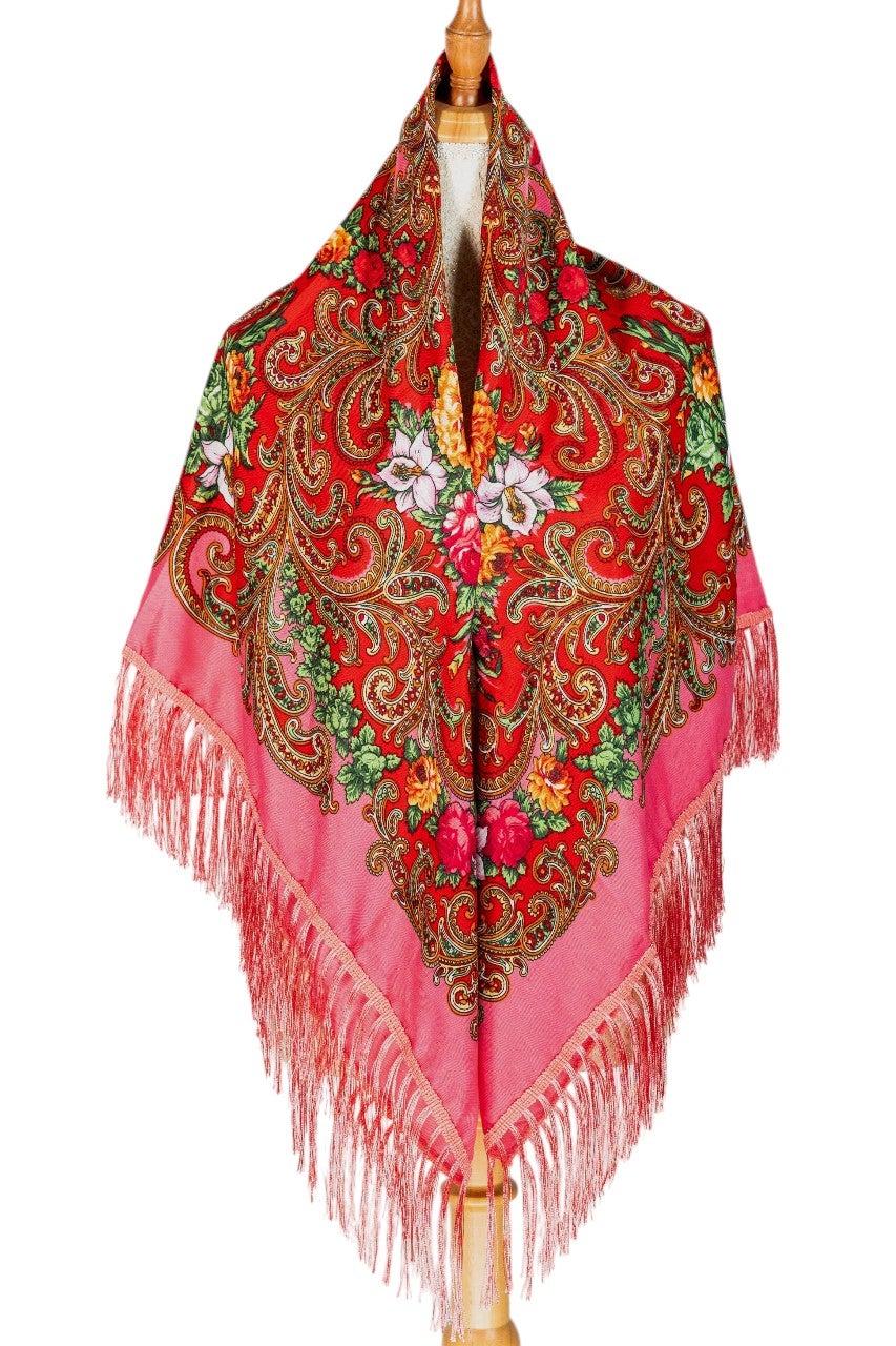 Elena Cotton Tassel Shawl Pink Eastern European Style - Image 1
