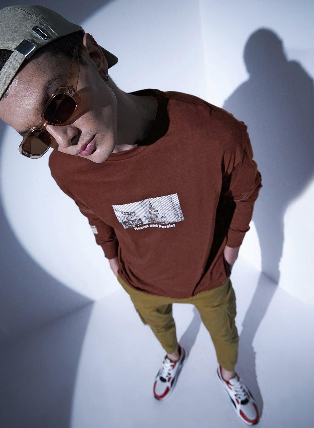 Brown Oversized Graphic Cotton T-Shirt Hhmtsw23F05 - Image 1