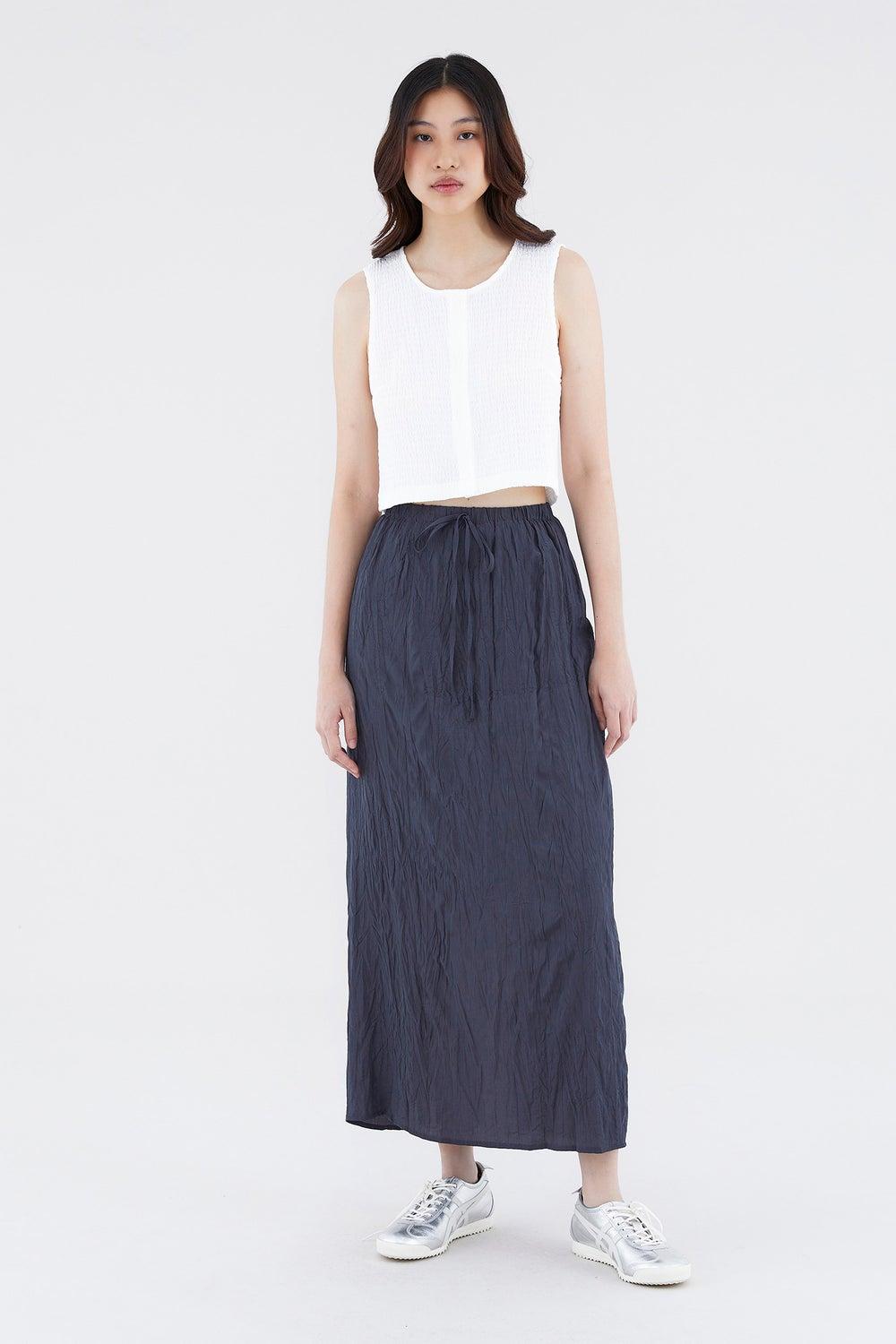 Synvere Textured Drawstring Midi Skirt in Deep Blue - Image 1