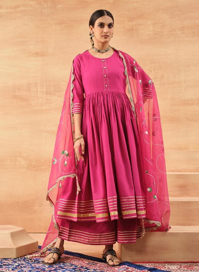 Pink Cotton Printed Kurta Set with Palazzo 3-Piece - Image 1
