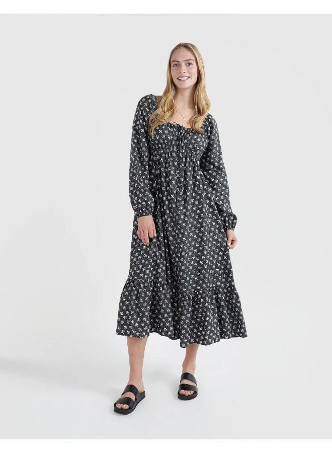 Black Floral Square Neck Midi Dress with Tiered Hem - Image 1