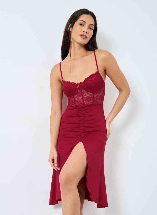 Take Two Lace Cup Bow Slit Slip Dress - Image 1