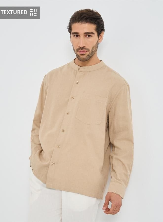 Beige Mandarin Collar Relaxed Fit Cotton Blend Shirt - Image 1