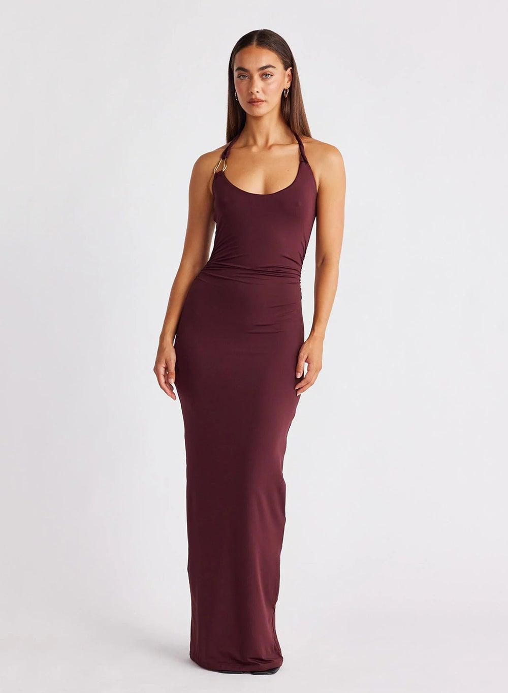 SNDYS Ash Halter Bodycon Maxi Dress Burgundy - Image 1