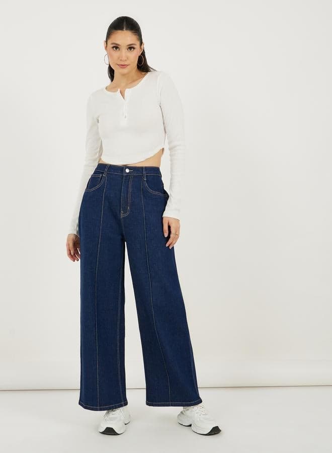 High-Rise Pintuck Wide Leg Jeans 7009285303Blue - Image 1