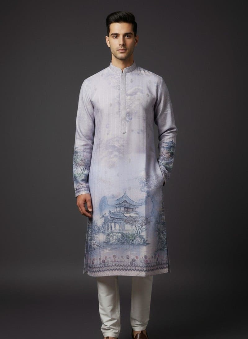 Pastel Blue Scenic Motif Kurta for Men - Image 1