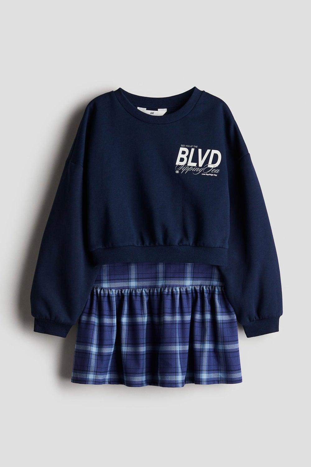 Girls' Checkered Sweatshirt & Twill Skirt Set - Image 1