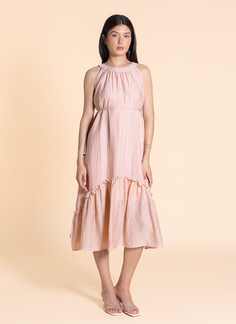 Textured Ruffled Halter Midi Dress in Pale Pink - Image 1