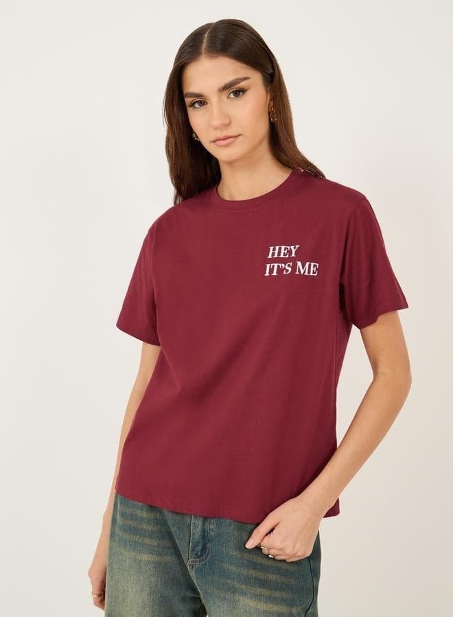Embroidered Slogan Relaxed Fit Round Neck Tee - Image 1