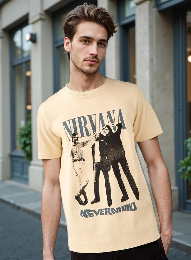 Nirvana Print Beige Cotton Crew Neck T-Shirt - Image 1