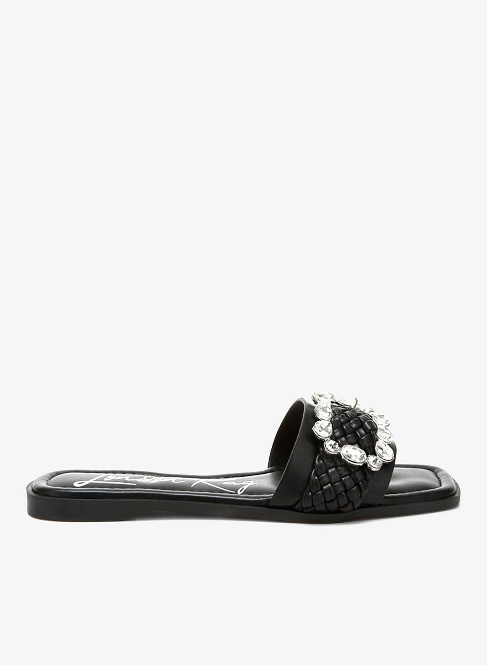 Diamante Black Flat Sandals Sh4857 - Image 1