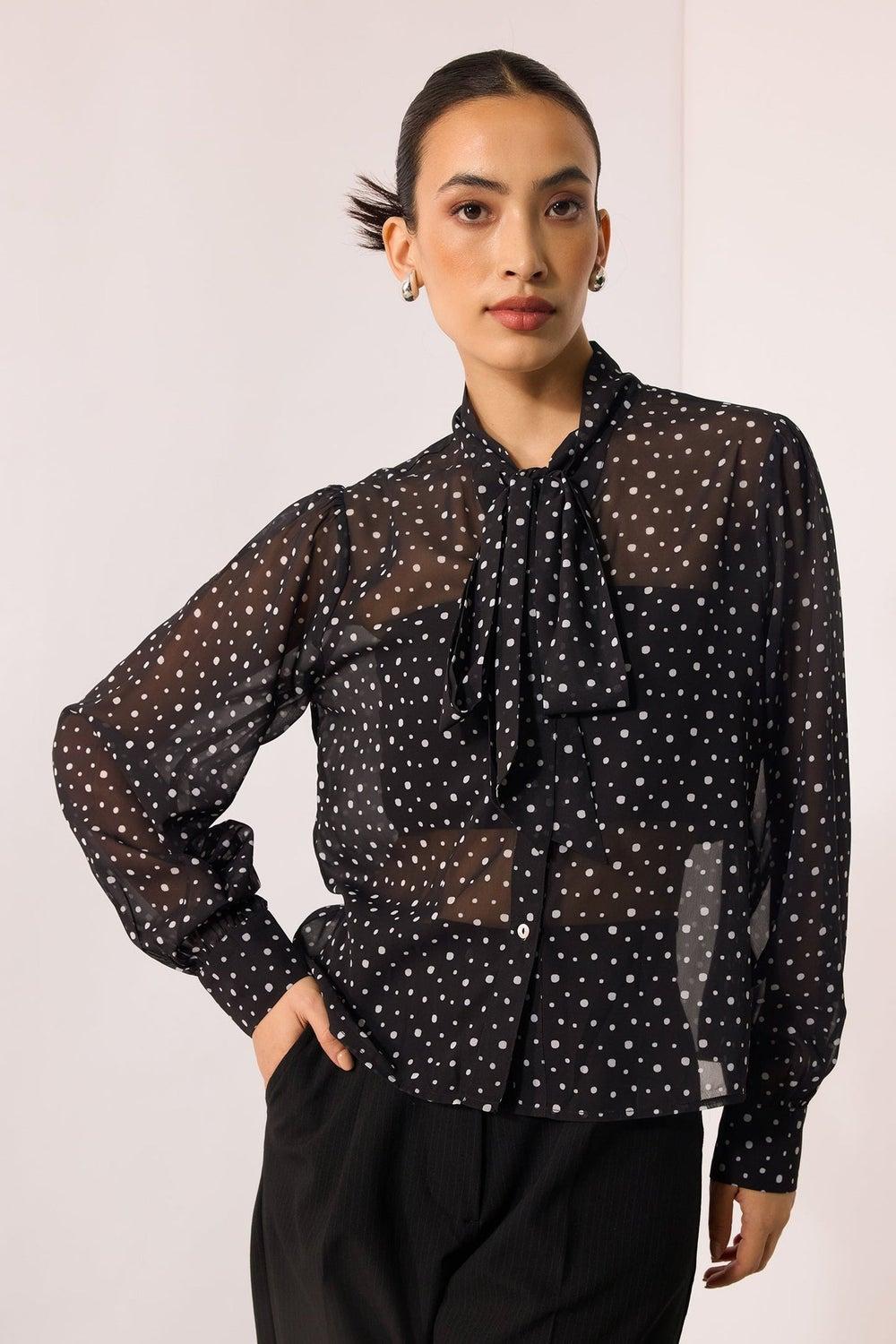 VIRGIO Blue Georgette Polka Tie-Up Neck Top - Image 1