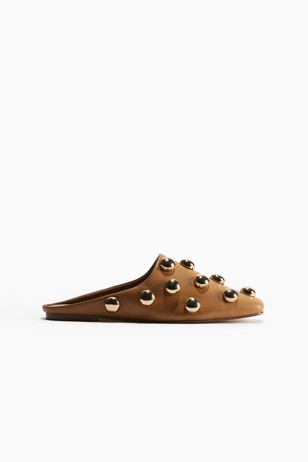 Embellished Chisel-Toe Mules in Dark Beige - Image 1