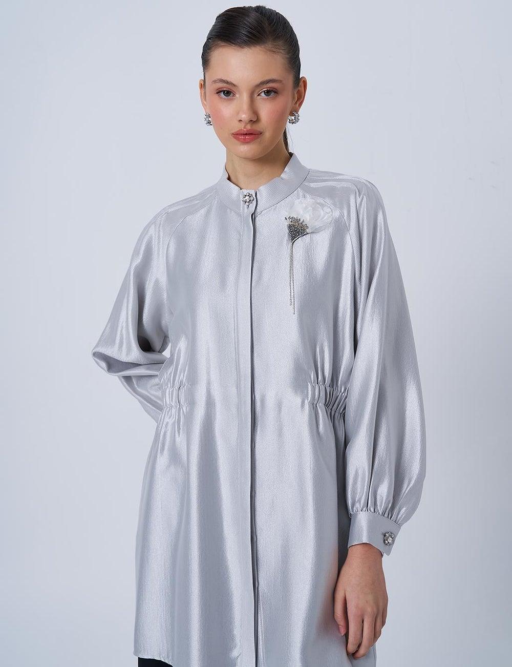 Gray Satin Tunic with Brooch Detail Kayra - Image 1