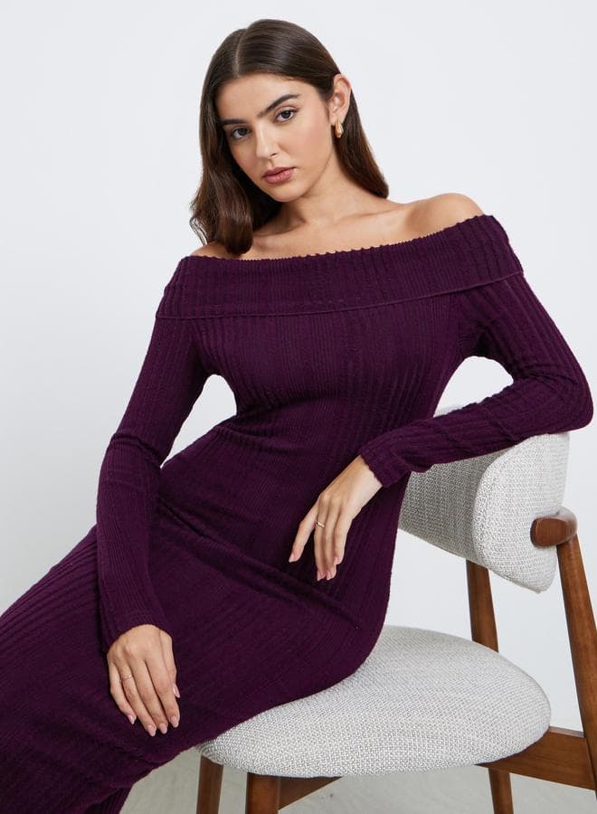 Plum Textured Knit Bodycon Midi Dress - Image 1