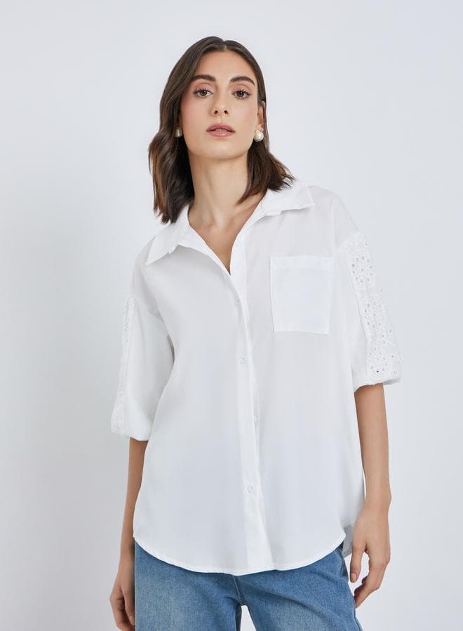 White Schiffli Oversized Short Sleeve Women’s Shirt - Image 1