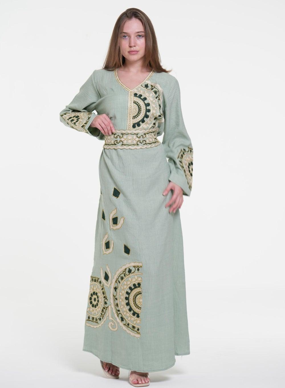 Green Linen Embroidered Jalabiya Dress with Belt - Image 1