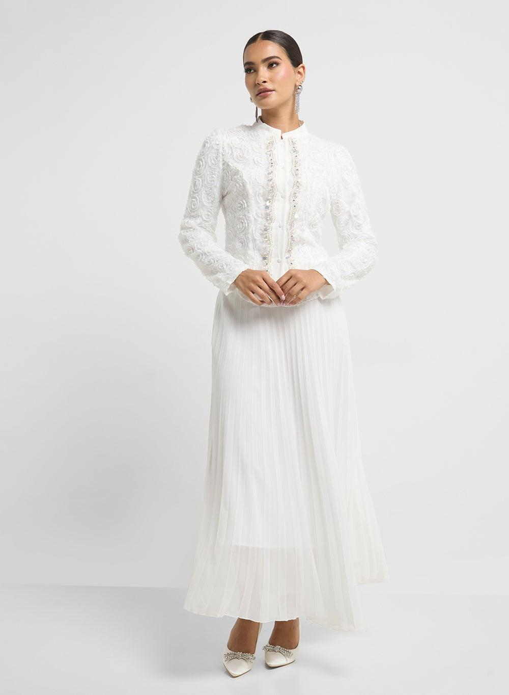 Textured White Top25208 Pleated Skirt Set - Image 1