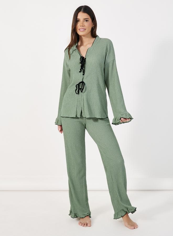 Contrast Stitch Tie Front Pyjama Set 7010127513 - Image 1