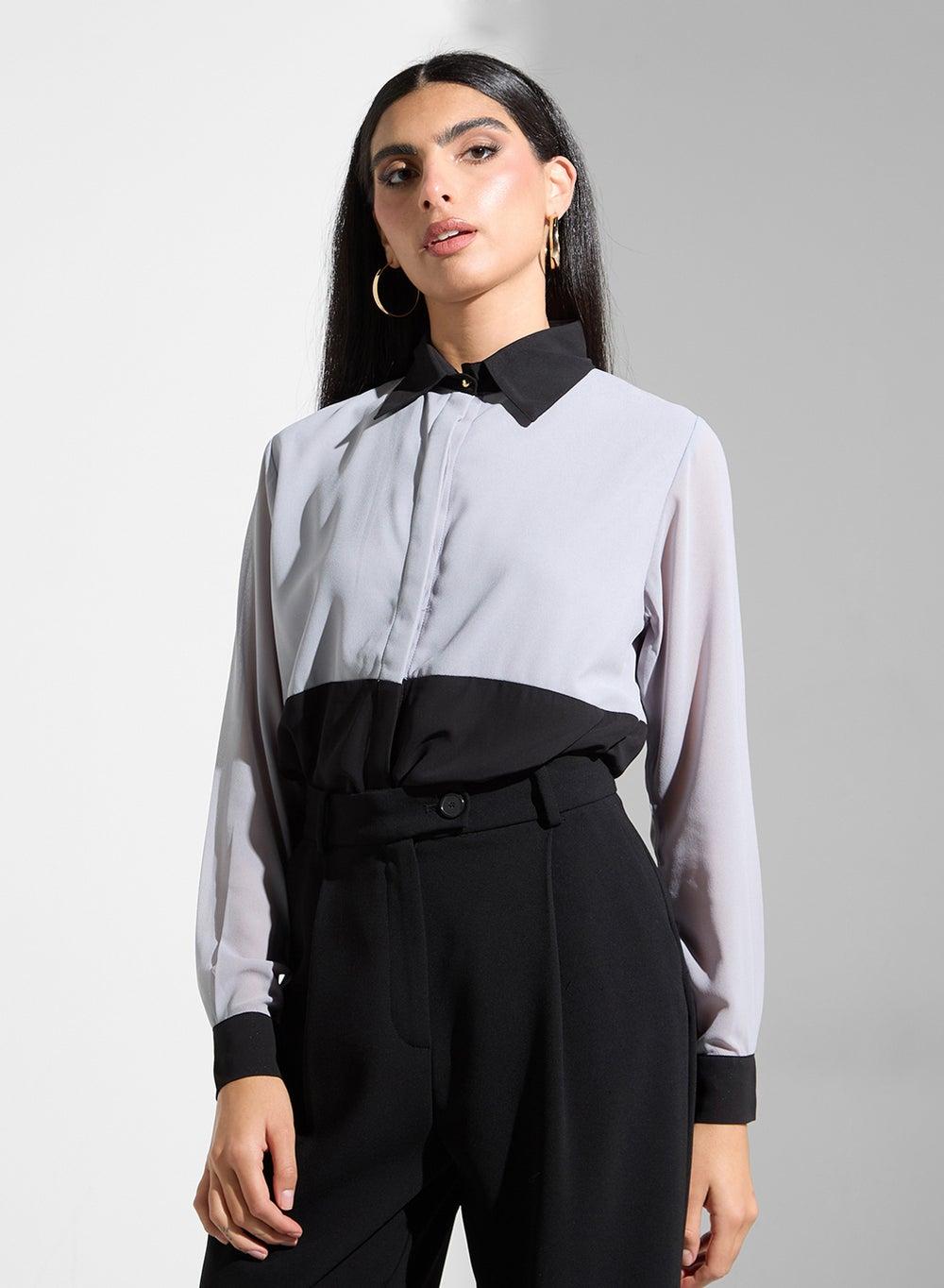 Elegant Long Sleeve Polo Collar Blouse - Image 1