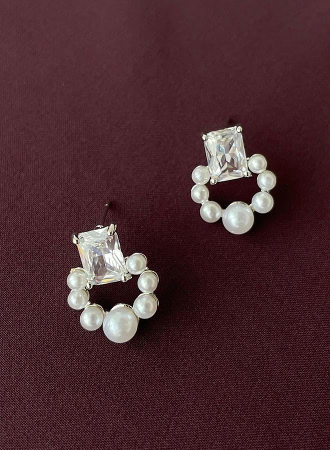 Take Two Silver Faux Pearl Square Stud Earrings - Image 1