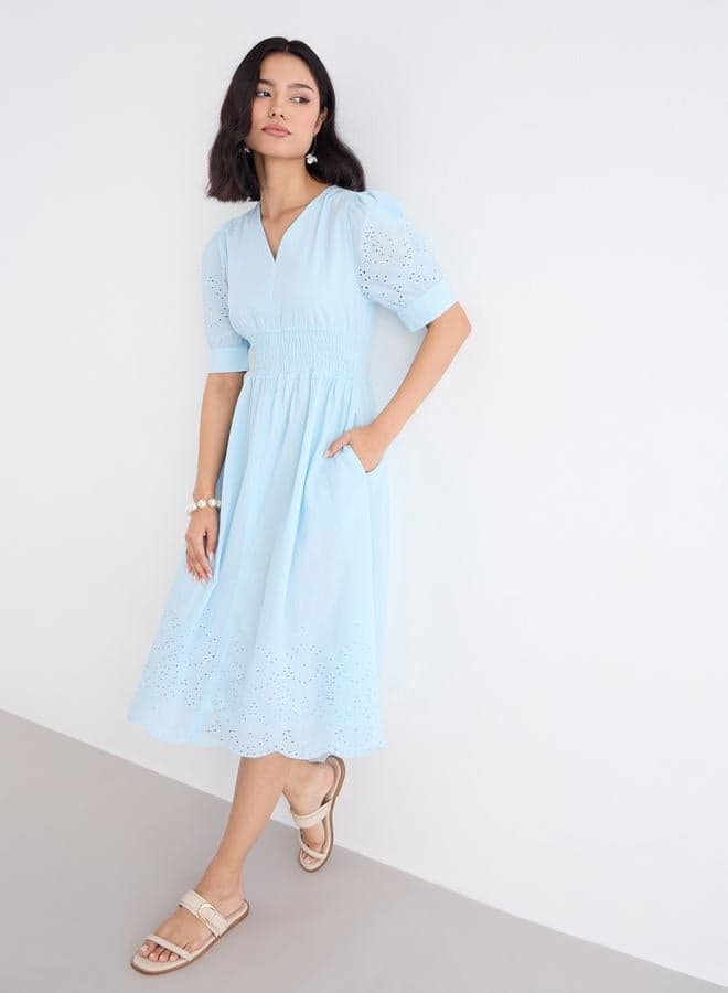 Sky Blue Schiffli V-Neck Midi Dress Classic Fit - Image 1