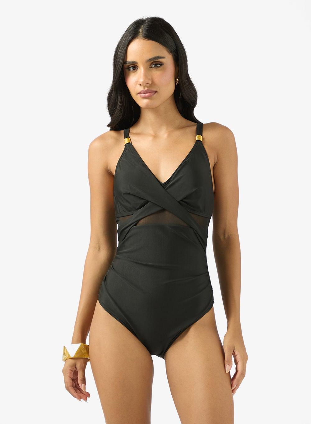 Black Mesh Waist V-Neck Swimsuit Ly250829 - Image 1