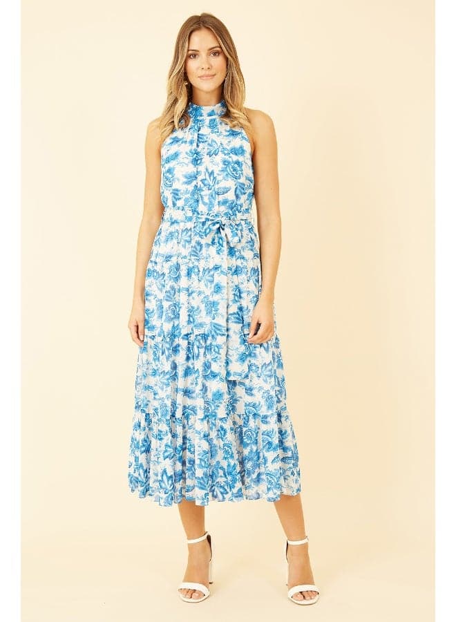 Blue Floral Halter Midi Dress with Tie Waist - Image 1