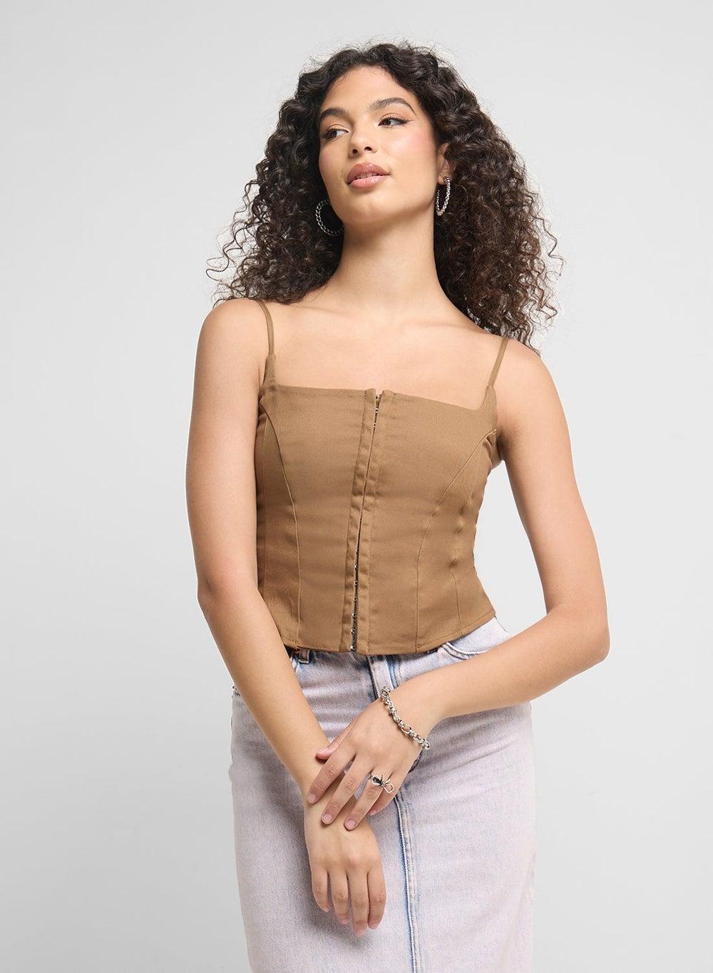 Strappy Button-Up Brown Corset Top Y24Tp687 - Image 1