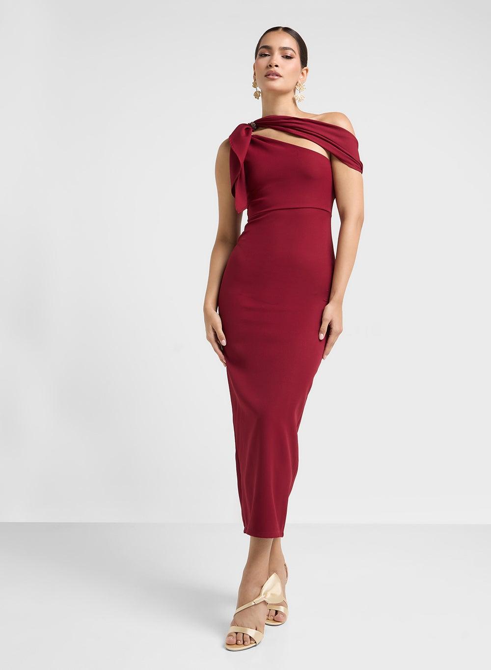 Ma2114 Asymmetric Burgundy Midi Evening Dress - Image 1
