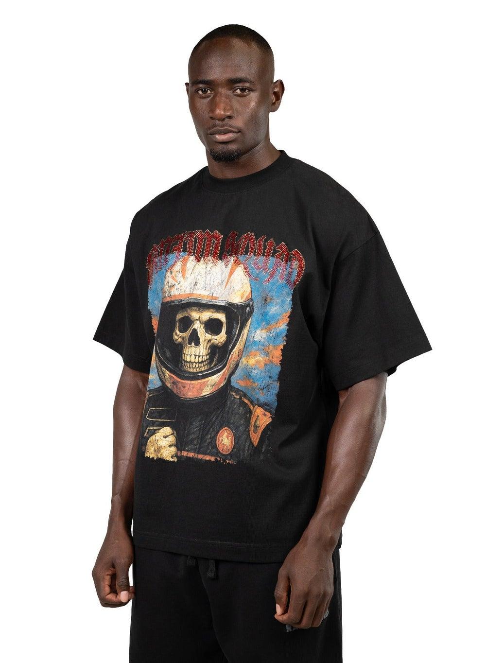 TS Skull Helmet Oversized Black Cotton T-Shirt - Image 1