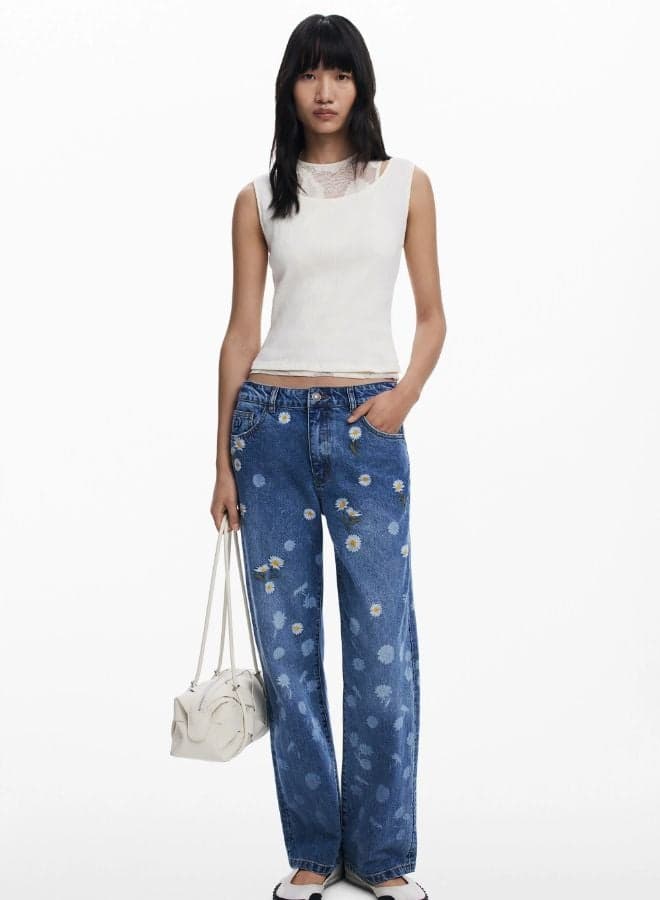 Blue Straight Fit Jeans with Daisy Print 25Wwdd16 - Image 1