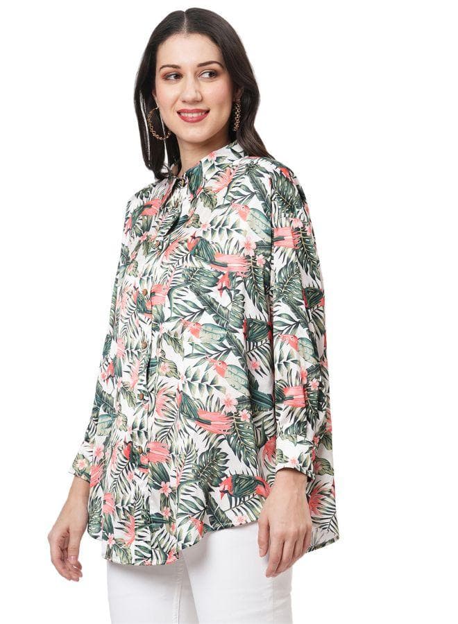 Tropical Print Satin Button-Down Shirt - Image 1